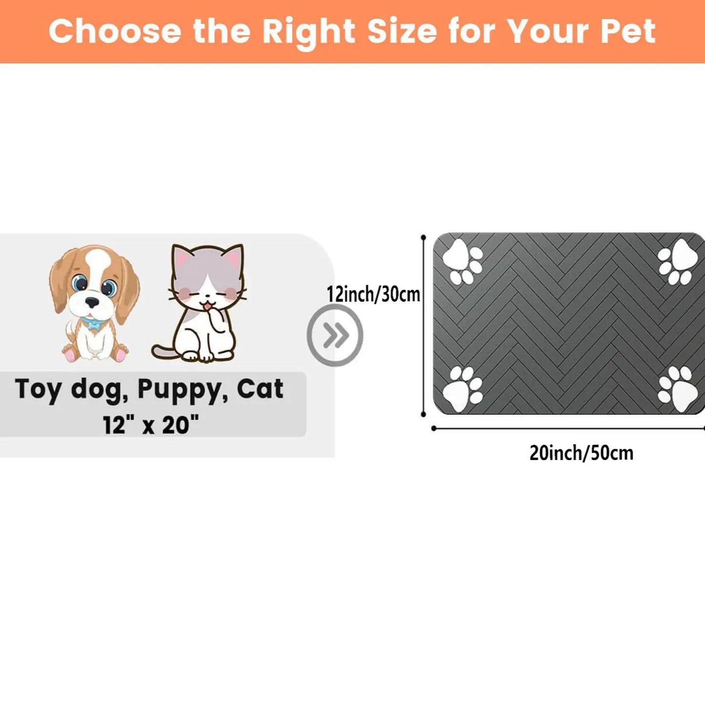 Absorbent Pet Feeding Mat, Waterproof Rubber Backing, Quick-Drying, Suitable for Cats & Dogs, 20" X 12", Stripe, Food & Water Bowls