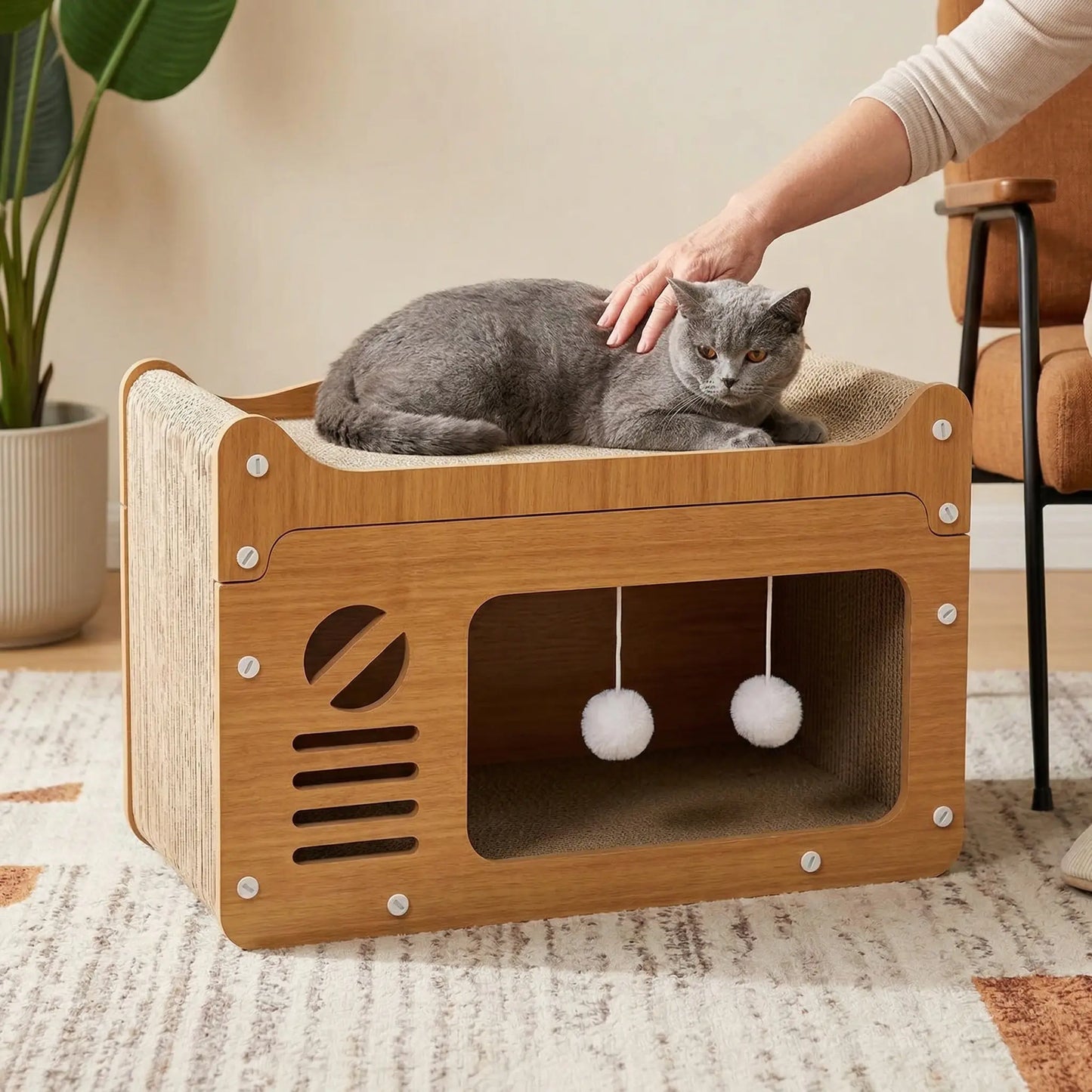 Durable Vertical Cat Scratching Post & Playhouse - Multi-Functional TV Design, Scratch-Resistant Cat Claw Toy for Active Kittens and Cats