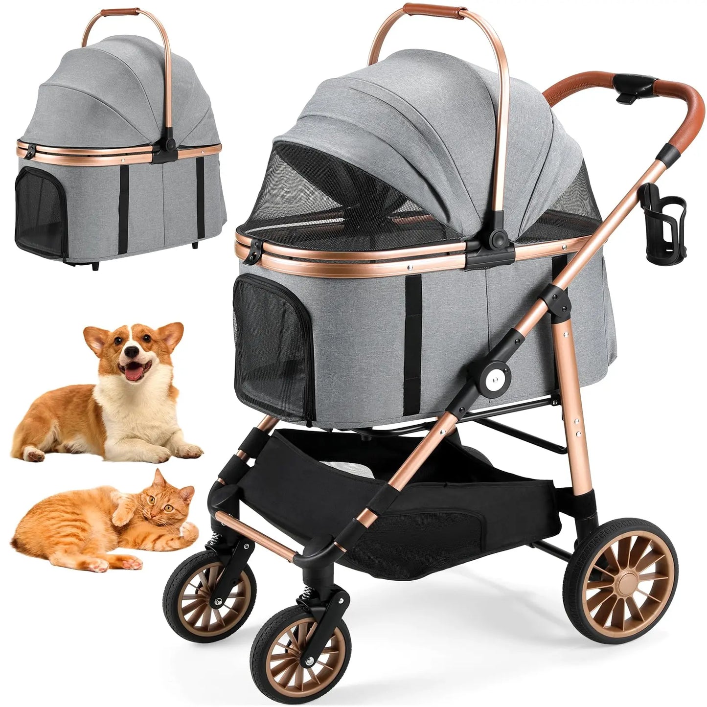 LIFERUN Pet Stroller for Medium Dogs Cats up to 55 Lbs, All-Terrain 3-In-1 Dog Stroller with Detachable Carrier, Rubber Wheels, One-Click Folding, Storage Basket & Cup Holder, for Senior Dogs & Cats