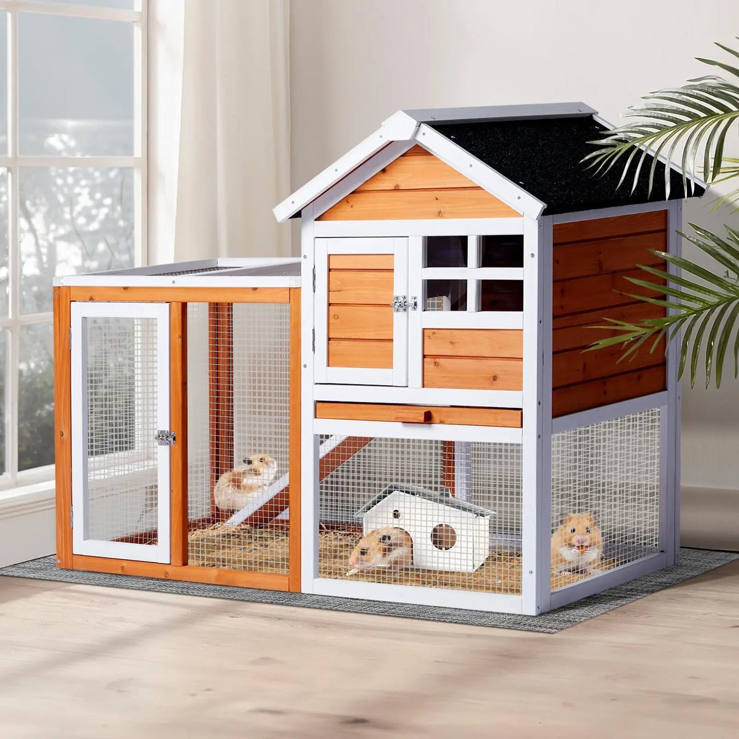 Wooden Rabbit Hutch Outdoor Chicken Coop Indoor Bunny Cage with Run, Guinea Pig House Pet House with Pull Out Upper Tray, Orange