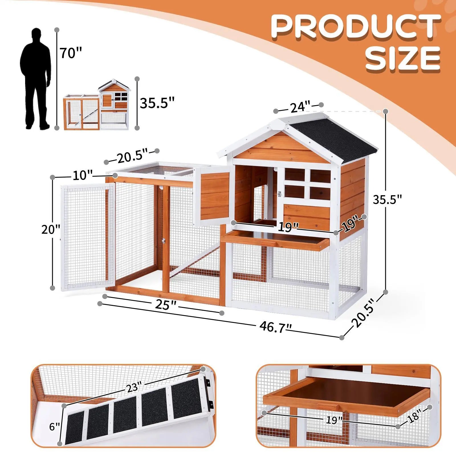 Wooden Rabbit Hutch Outdoor Chicken Coop Indoor Bunny Cage with Run, Guinea Pig House Pet House with Pull Out Upper Tray, Orange