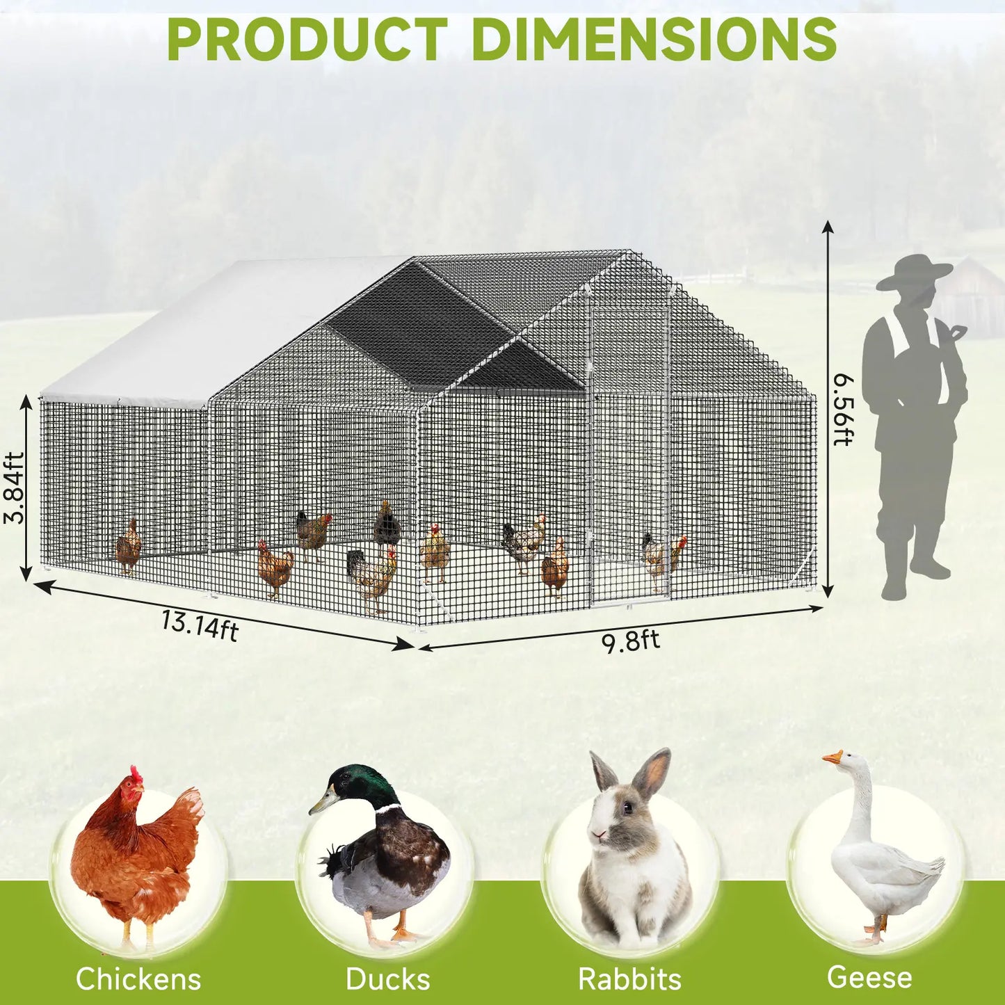Petony Large Metal Chicken Coop - Galvanized Heavy-Duty Outdoor Poultry Cage with Anti-Uv Cover, Security Lock, Backyard Farm Enclosure for Hens (No Battery Required)