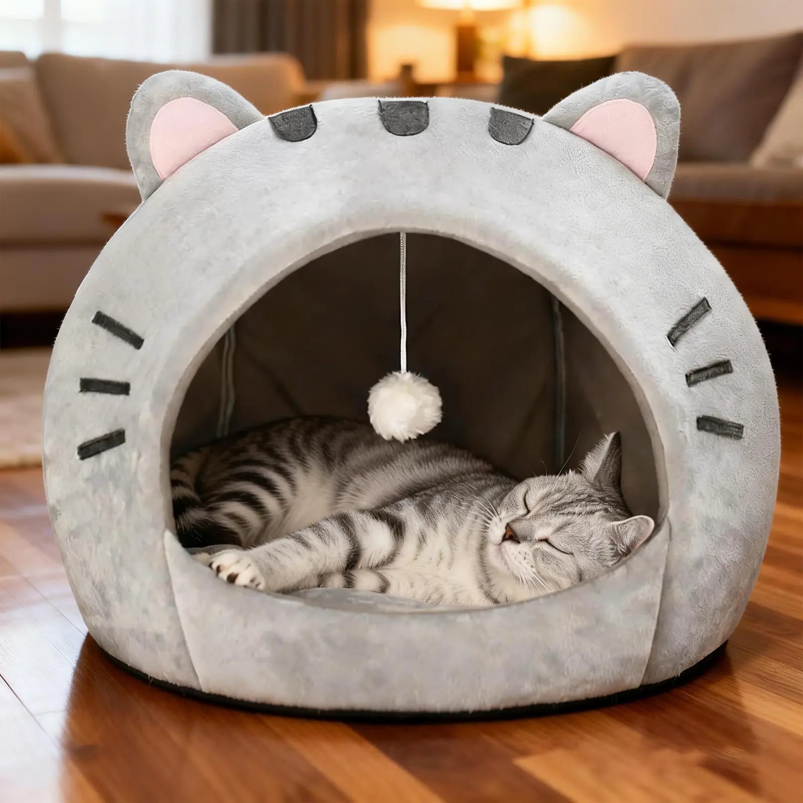 Cozy Cat Cave Bed Kitten Condo with Fun Hanging Ball Toy - Semi-Enclosed Kitten House, Washable Inner Pillow, Soft & Breathable Indoor Cat Nest