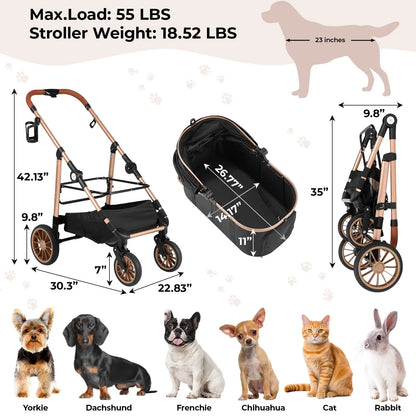 LIFERUN Pet Stroller for Medium Dogs Cats up to 55 Lbs, All-Terrain 3-In-1 Dog Stroller with Detachable Carrier, Rubber Wheels, One-Click Folding, Storage Basket & Cup Holder, for Senior Dogs & Cats