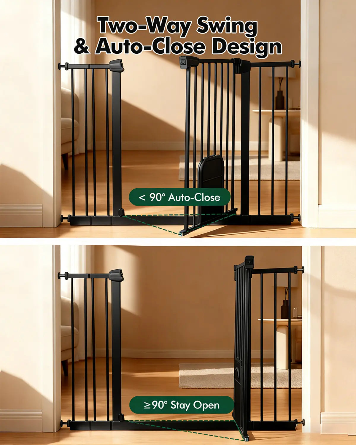 Adjustable Pet Gate with Cat Door, Auto-Close Pressure-Mounted Safety Gate for Doorways & Stairs – Ideal for Multi-Pet Homes (29–45 Inches, White/Black)