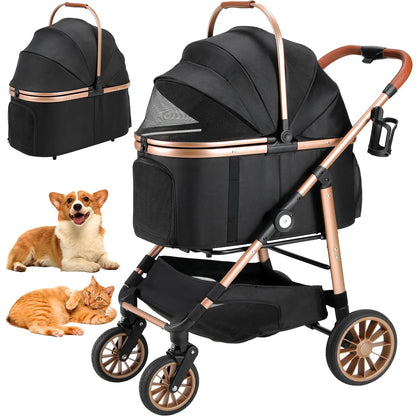 LIFERUN Pet Stroller for Medium Dogs Cats up to 55 Lbs, All-Terrain 3-In-1 Dog Stroller with Detachable Carrier, Rubber Wheels, One-Click Folding, Storage Basket & Cup Holder, for Senior Dogs & Cats