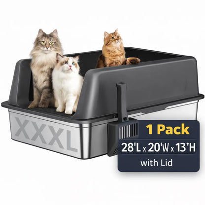 Zarler XXXL Large Stainless Steel Litter Box for Big Cats Multi-Cat with Lids Non-Stick Odor-Free Toilet Pet Products with Filter Pedal & Durable Scoop