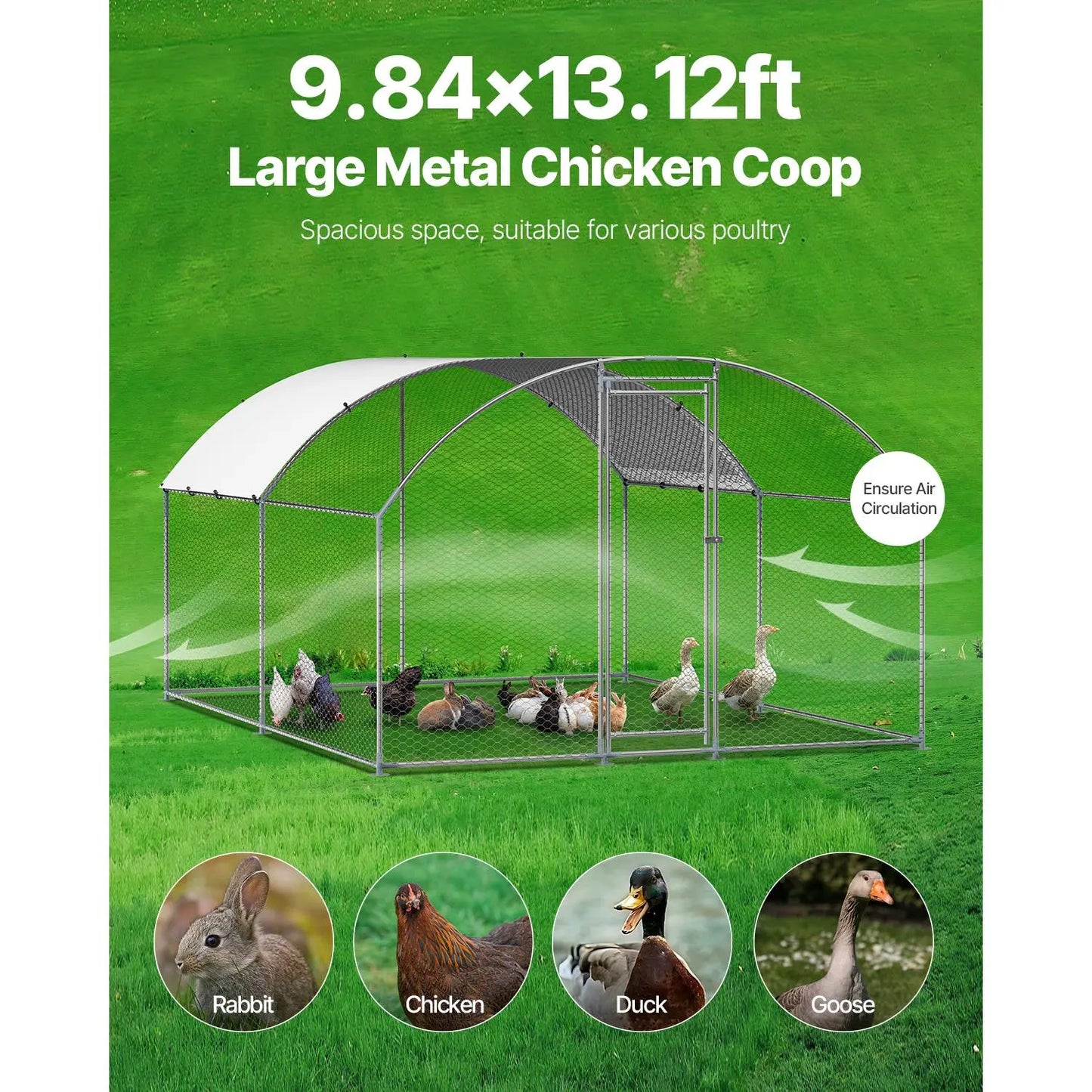 【Fathersdaygift】Vevor Metal Chicken Coop, , 9.8X13.1X6.5 Ft Large Walk-In Chicken Runs with Cover, Doom Roof Hen House Enclosure with Security Lock, Outdoor Duck Rabbit Cage Poultry Pen for Backyard, Farm, Yard