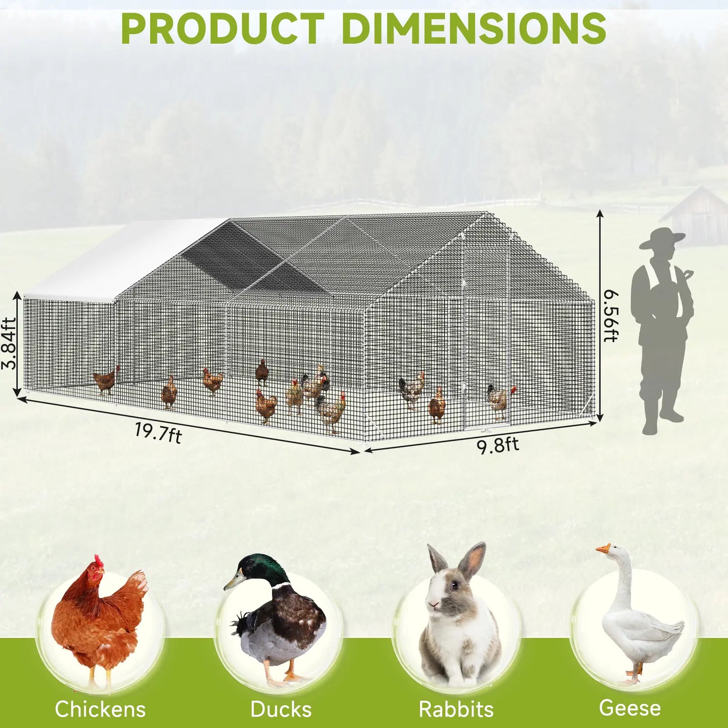 Petony Large Metal Chicken Coop - Galvanized Heavy-Duty Outdoor Poultry Cage with Anti-Uv Cover, Security Lock, Backyard Farm Enclosure for Hens (No Battery Required)
