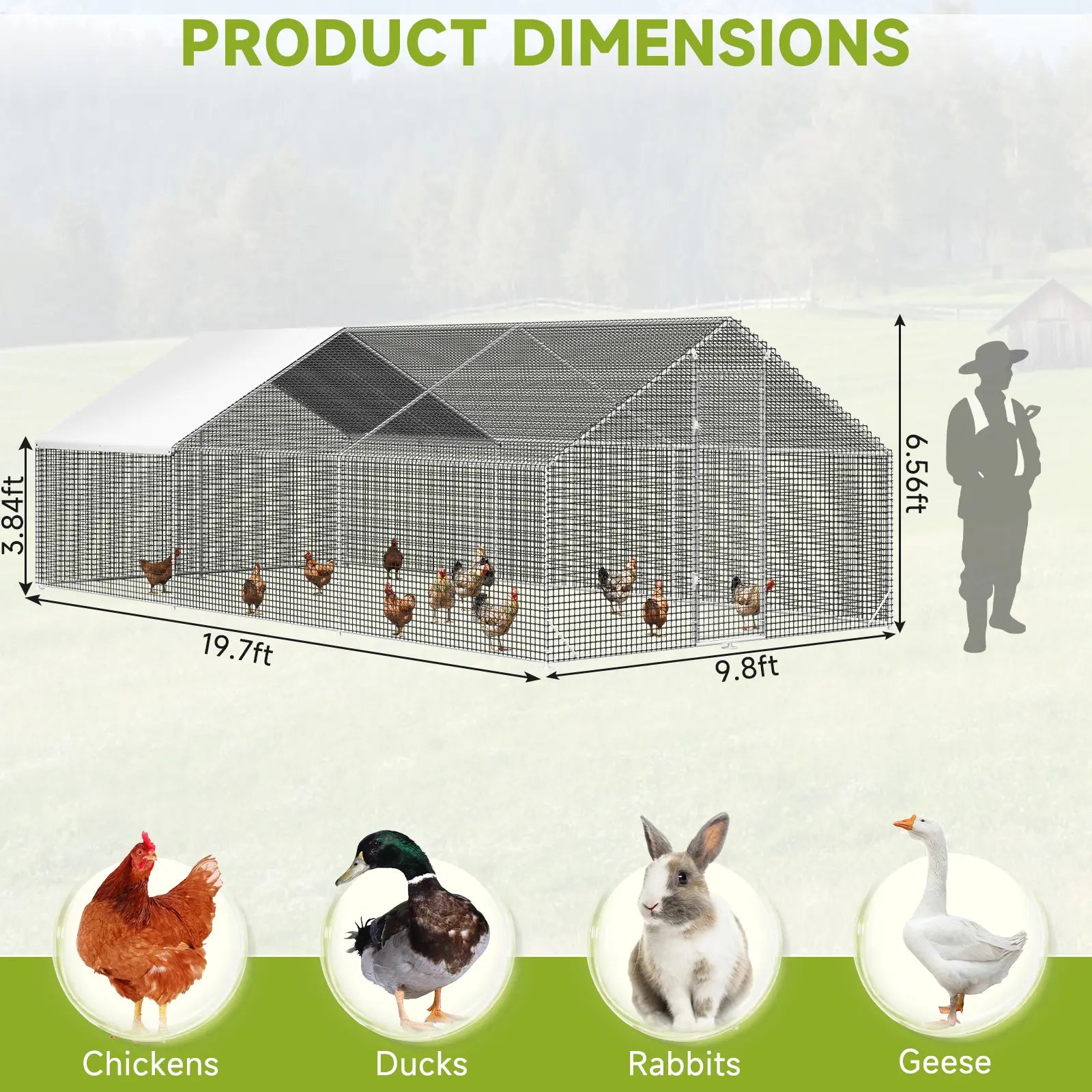Petony Large Metal Chicken Coop - Galvanized Heavy-Duty Outdoor Poultry Cage with Anti-Uv Cover, Security Lock, Backyard Farm Enclosure for Hens (No Battery Required)