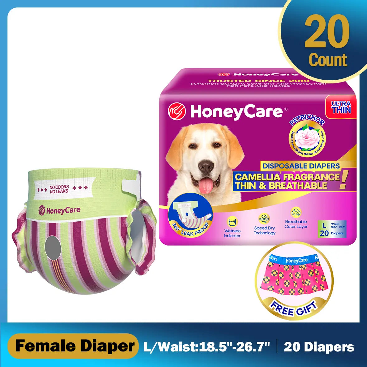 [D][Buy 2 Get 1 Free!(Total 3Packs)] Honeycare Petrichor Absorbent Liner Nappies for Female Dogs, Camellia Fragrance, Fresh Scent While Absorbing Urine, Thin & Breathable, 2 Fashion Designs per Package, 4-In-1