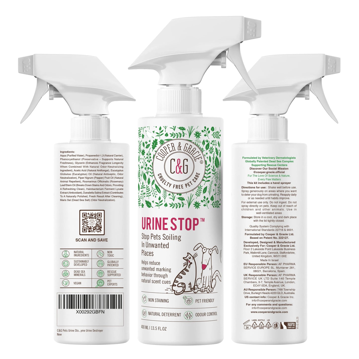 Dead Sea Urine Stop Spray – 400Ml – Natural Indoor Dog & Cat Urine Deterrent & Odour Neutraliser