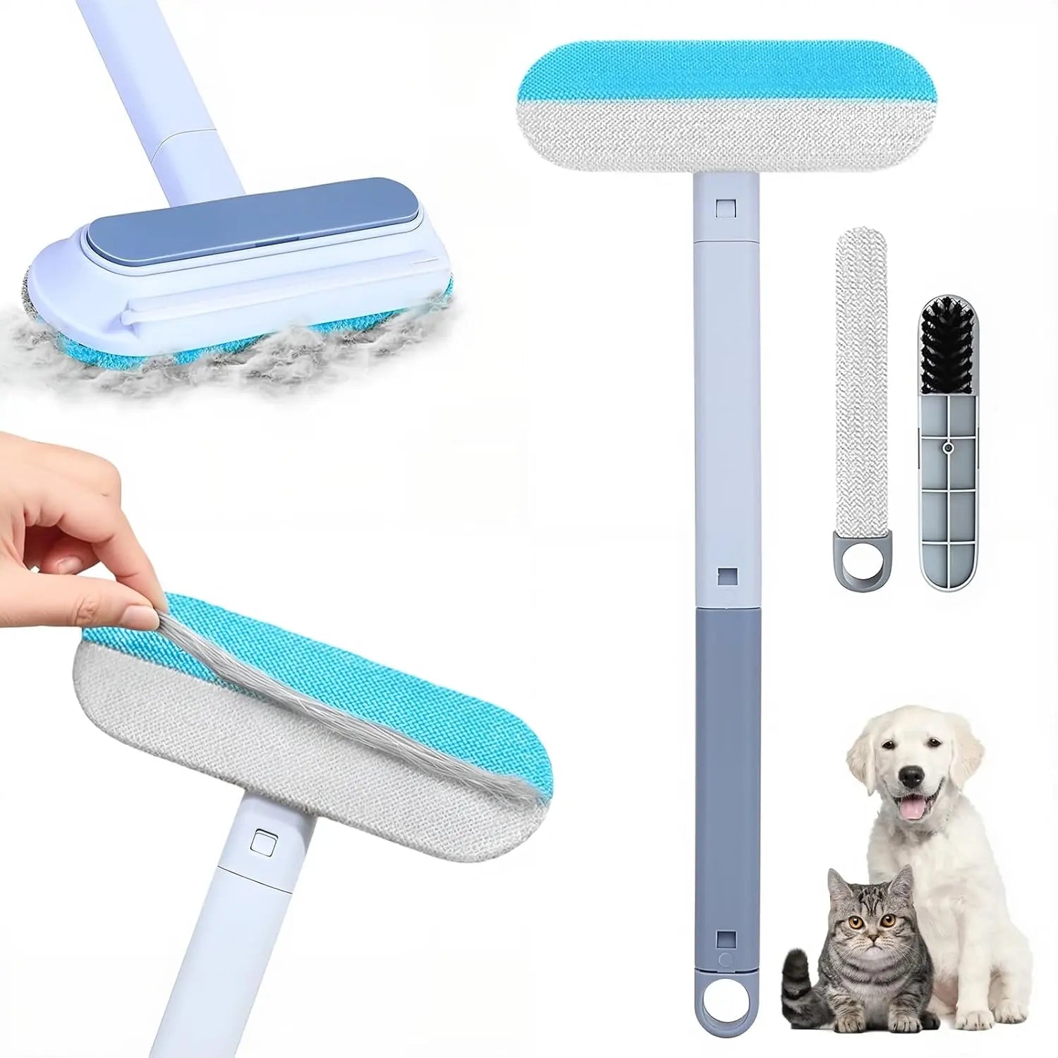 Lint Remover Brooms, 4-In-1 Reusable Pet Hair Remover, 17.7In Standard Handle No-Bend Tool for Dog & Cat Hair, Furniture & Car Seats (1-Pack)