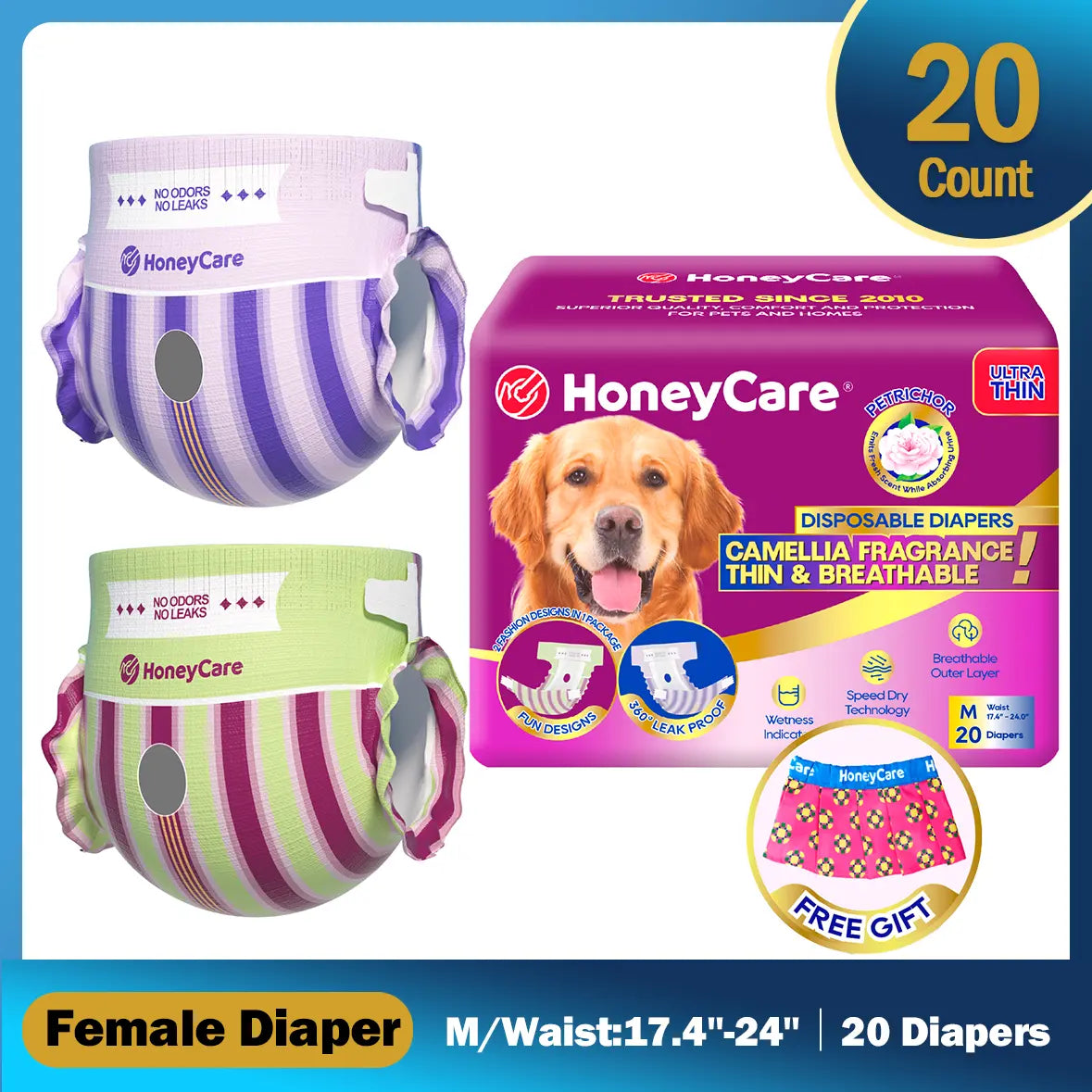 [D][Buy 2 Get 1 Free!(Total 3Packs)] Honeycare Petrichor Absorbent Liner Nappies for Female Dogs, Camellia Fragrance, Fresh Scent While Absorbing Urine, Thin & Breathable, 2 Fashion Designs per Package, 4-In-1