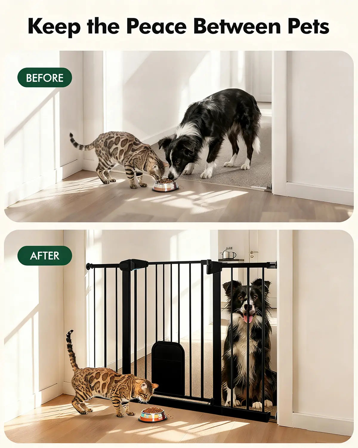Adjustable Pet Gate with Cat Door, Auto-Close Pressure-Mounted Safety Gate for Doorways & Stairs – Ideal for Multi-Pet Homes (29–45 Inches, White/Black)