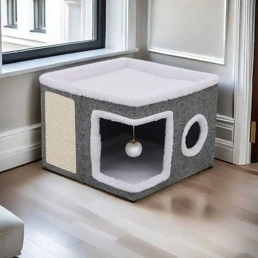 A Cat Bed Suitable for Indoor Cats, with a Large Cat Hole for a Comfortable Apartment, Fluffy Hanging Balls, round Windows, a Foldable Indoor Cat House, Capable of Bearing up to 30 Pounds , with Double-Sided Soft Cushions, Suitable for All Seasons Home