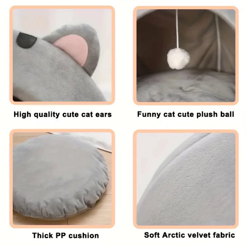 Cozy Cat Cave Bed Kitten Condo with Fun Hanging Ball Toy - Semi-Enclosed Kitten House, Washable Inner Pillow, Soft & Breathable Indoor Cat Nest
