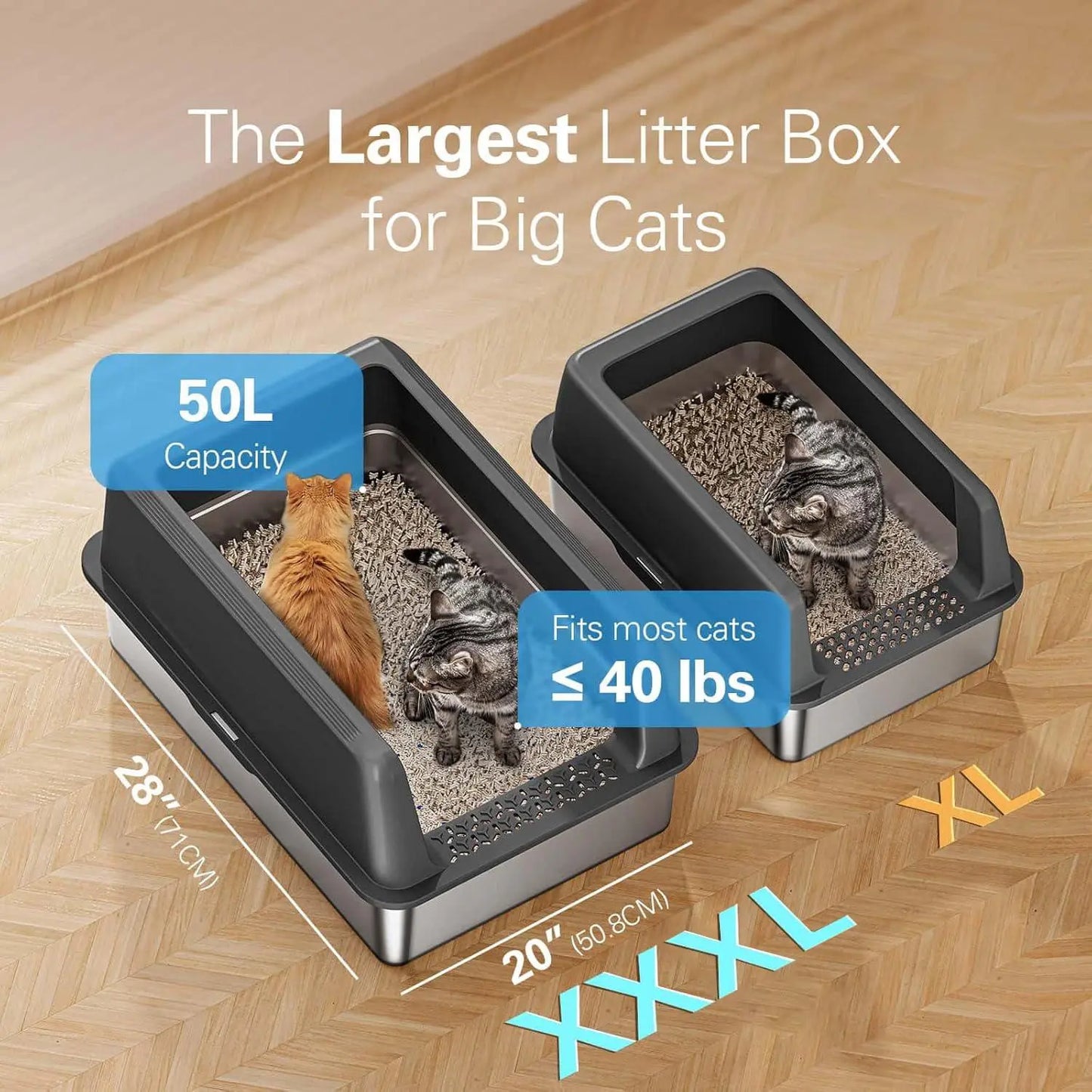 Zarler XXXL Large Stainless Steel Litter Box for Big Cats Multi-Cat with Lids Non-Stick Odor-Free Toilet Pet Products with Filter Pedal & Durable Scoop