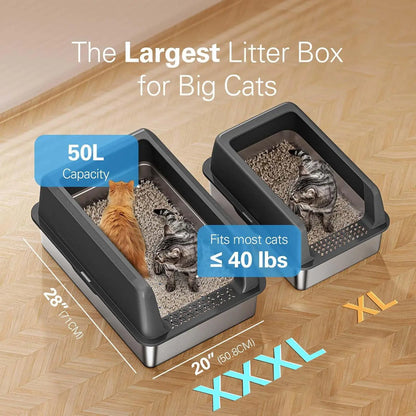Zarler XXXL Large Stainless Steel Litter Box for Big Cats Multi-Cat with Lids Non-Stick Odor-Free Toilet Pet Products with Filter Pedal & Durable Scoop