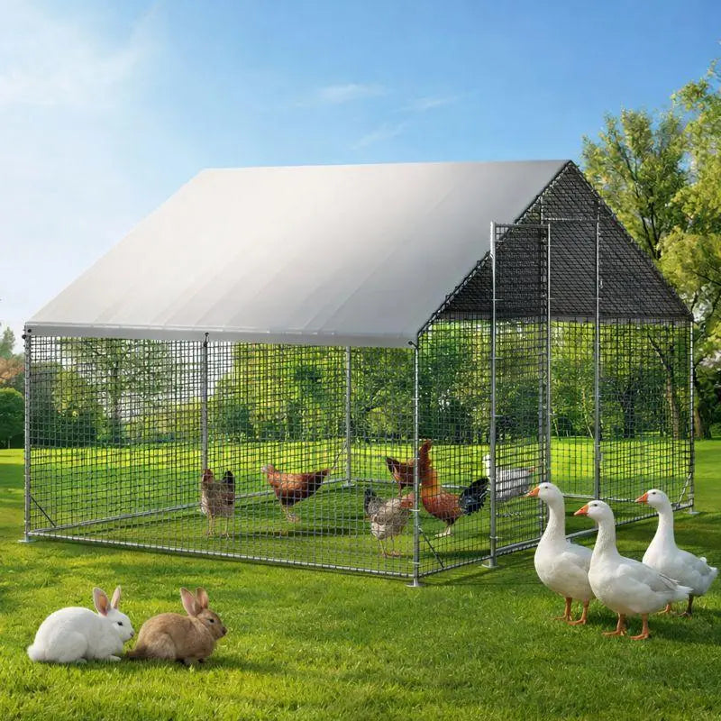 Petony Large Metal Chicken Coop - Galvanized Heavy-Duty Outdoor Poultry Cage with Anti-Uv Cover, Security Lock, Backyard Farm Enclosure for Hens (No Battery Required)