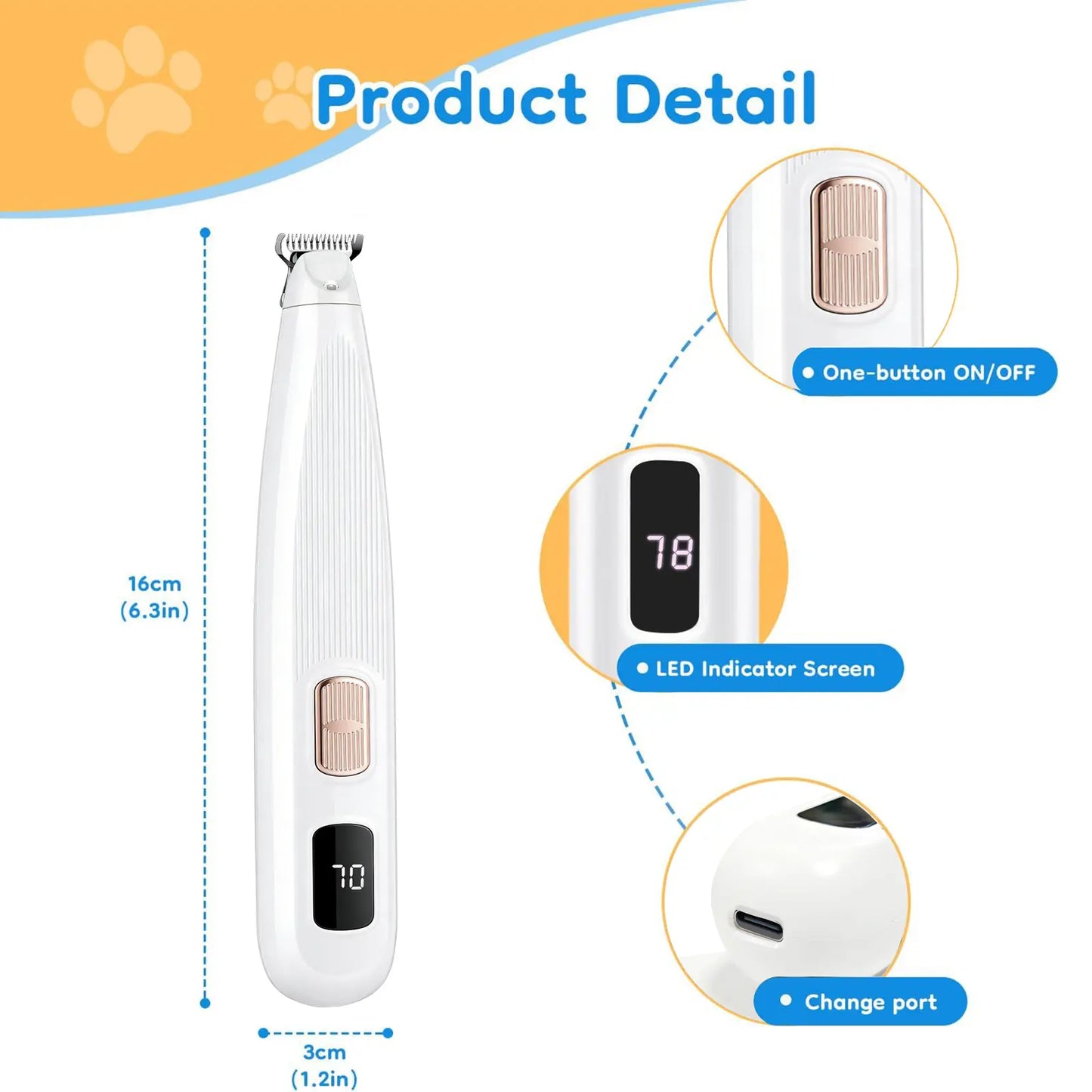 GOYJOY Waterproof Rechargeable Micro Precision Trimmer for Small Dogs and Cats with LED Light and Quiet Grooming for Paws, Eyes, Ears, and Face