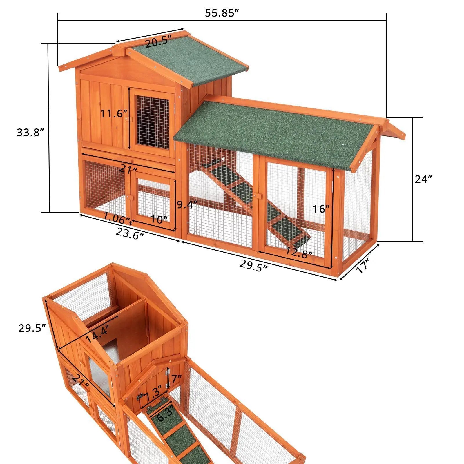 Wooden Rabbit Hutch Outdoor Chicken Coop Indoor Bunny Cage with Run, Guinea Pig House Pet House with Pull Out Upper Tray, Orange