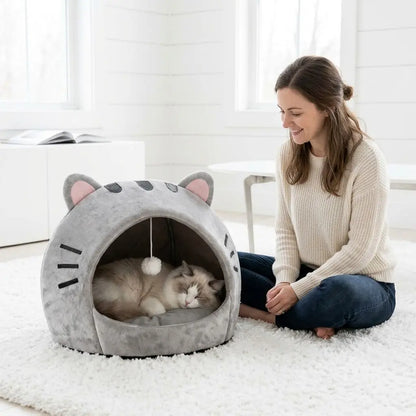 Cozy Cat Cave Bed Kitten Condo with Fun Hanging Ball Toy - Semi-Enclosed Kitten House, Washable Inner Pillow, Soft & Breathable Indoor Cat Nest