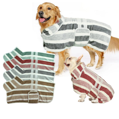 Plush Warm Dog Dress and Quick-Dry Bathrobe - Super Absorbent Shower Towel and Striped Pajamas Sleepwear for Small, Medium, and Large Dogs