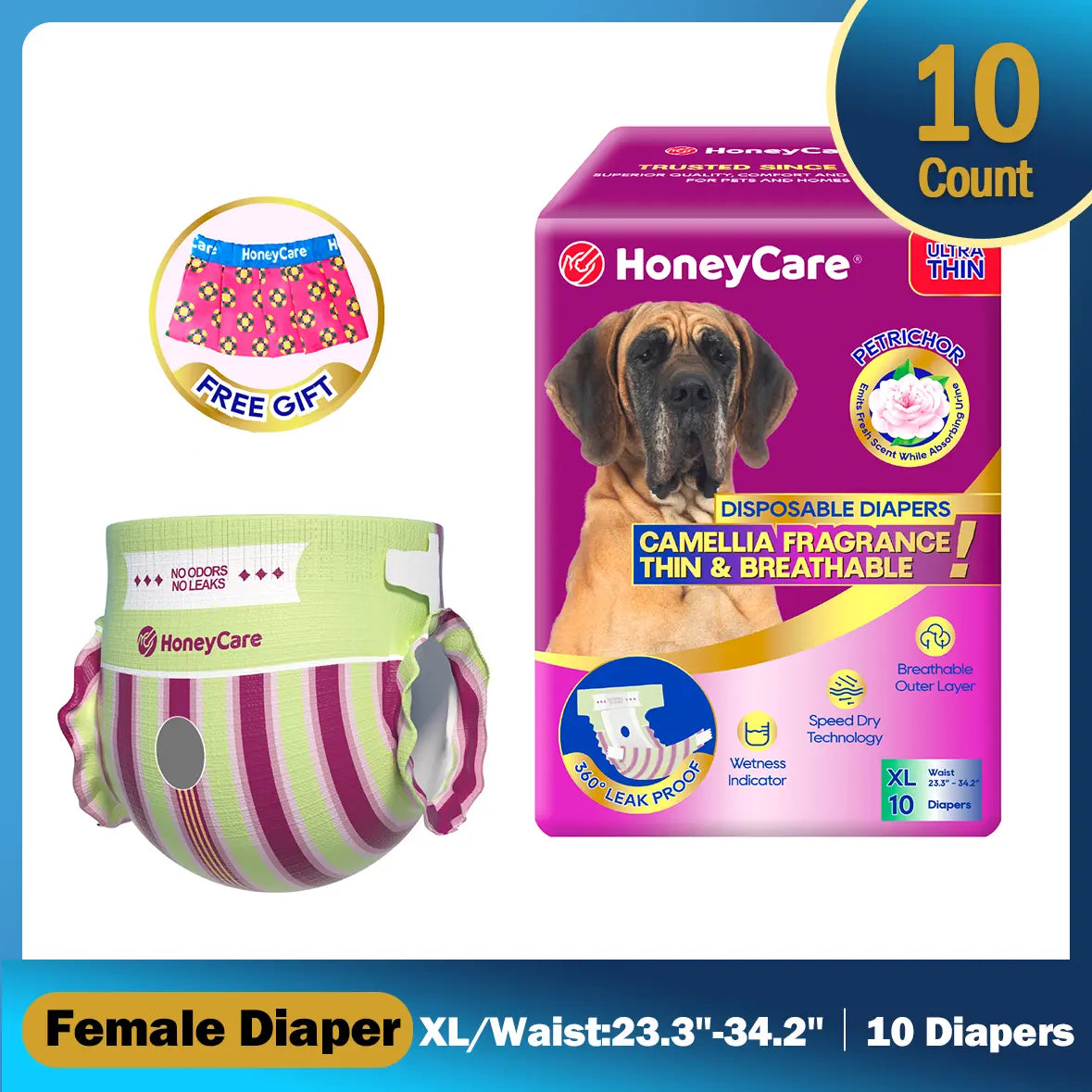 [D][Buy 2 Get 1 Free!(Total 3Packs)] Honeycare Petrichor Absorbent Liner Nappies for Female Dogs, Camellia Fragrance, Fresh Scent While Absorbing Urine, Thin & Breathable, 2 Fashion Designs per Package, 4-In-1