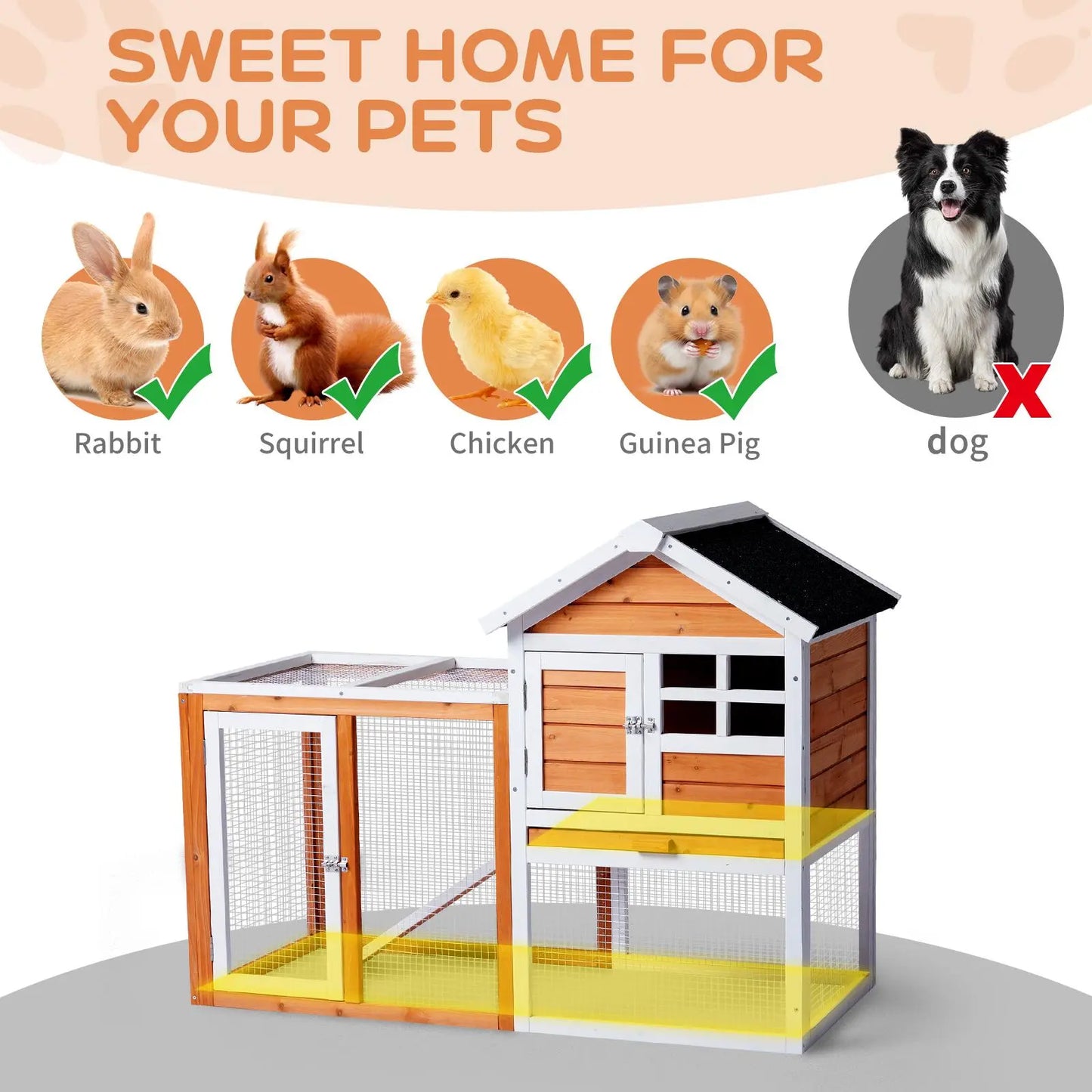 Wooden Rabbit Hutch Outdoor Chicken Coop Indoor Bunny Cage with Run, Guinea Pig House Pet House with Pull Out Upper Tray, Orange