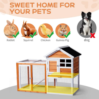 Wooden Rabbit Hutch Outdoor Chicken Coop Indoor Bunny Cage with Run, Guinea Pig House Pet House with Pull Out Upper Tray, Orange