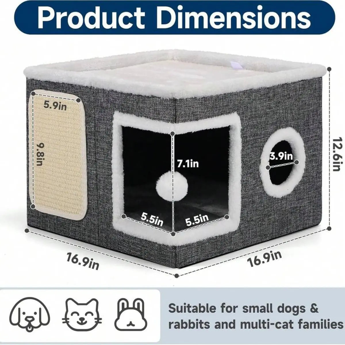A Cat Bed Suitable for Indoor Cats, with a Large Cat Hole for a Comfortable Apartment, Fluffy Hanging Balls, round Windows, a Foldable Indoor Cat House, Capable of Bearing up to 30 Pounds , with Double-Sided Soft Cushions, Suitable for All Seasons Home