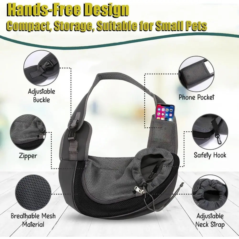 Pet Sling Carrier for Small Dogs & Cats – Hands-Free Puppy Carrier with Safety Hook, Large Zipper Pocket, Soft Breathable Mesh, Adjustable Strap，Crossbody Satchel Dog Pocket for Outdoor