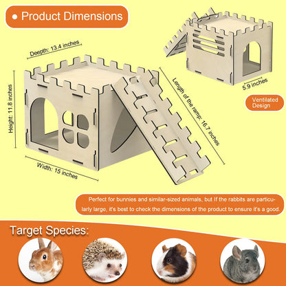 HIIMALEX Extra Large Sturdy Bunny Castle Hideout for Indoor Rabbits Play House with Stairs round Edges Detachable Habitats for Rabbit Guinea Pig Chinchilla Hedgehog