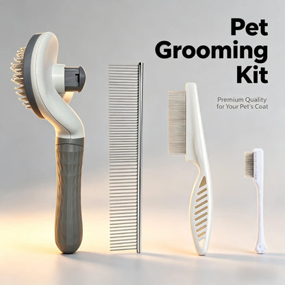 Pet Grooming Kit - 4-Piece Shedding Tools Set with Self-Cleaning Slicker Brush, Dual-Sided Stainless Steel Dematting Comb, Tear Stain Comb, and Fur Removal Tool for Dogs and Cats of All Coat Types