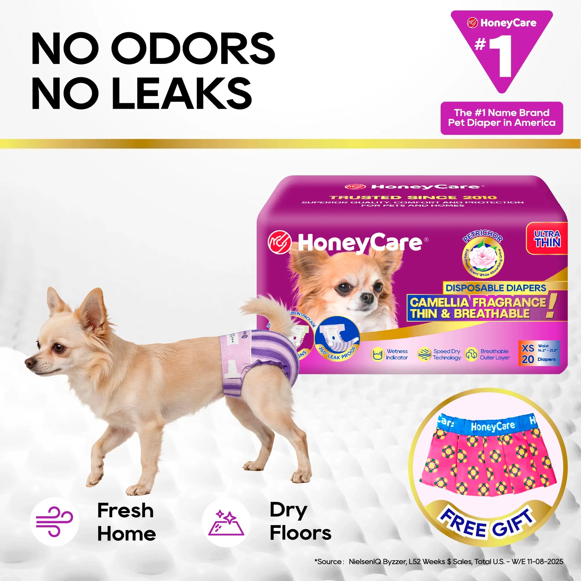 [D][Buy 2 Get 1 Free!(Total 3Packs)] Honeycare Petrichor Absorbent Liner Nappies for Female Dogs, Camellia Fragrance, Fresh Scent While Absorbing Urine, Thin & Breathable, 2 Fashion Designs per Package, 4-In-1