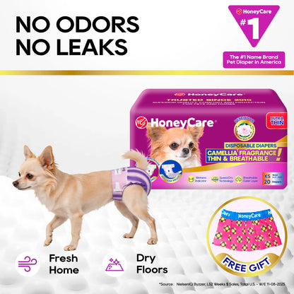 [D][Buy 2 Get 1 Free!(Total 3Packs)] Honeycare Petrichor Absorbent Liner Nappies for Female Dogs, Camellia Fragrance, Fresh Scent While Absorbing Urine, Thin & Breathable, 2 Fashion Designs per Package, 4-In-1