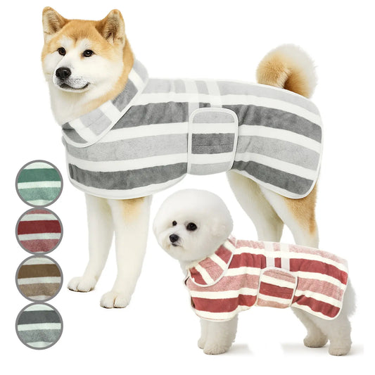 Plush Warm Dog Dress and Quick-Dry Bathrobe - Super Absorbent Shower Towel and Striped Pajamas Sleepwear for Small, Medium, and Large Dogs