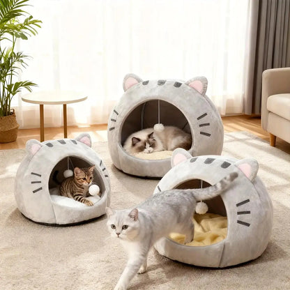 Cozy Cat Cave Bed Kitten Condo with Fun Hanging Ball Toy - Semi-Enclosed Kitten House, Washable Inner Pillow, Soft & Breathable Indoor Cat Nest