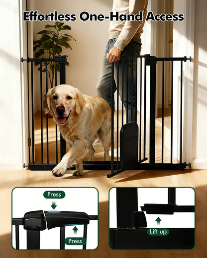 Adjustable Pet Gate with Cat Door, Auto-Close Pressure-Mounted Safety Gate for Doorways & Stairs – Ideal for Multi-Pet Homes (29–45 Inches, White/Black)