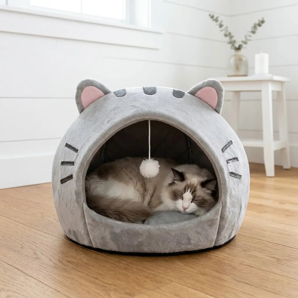 Cozy Cat Cave Bed Kitten Condo with Fun Hanging Ball Toy - Semi-Enclosed Kitten House, Washable Inner Pillow, Soft & Breathable Indoor Cat Nest