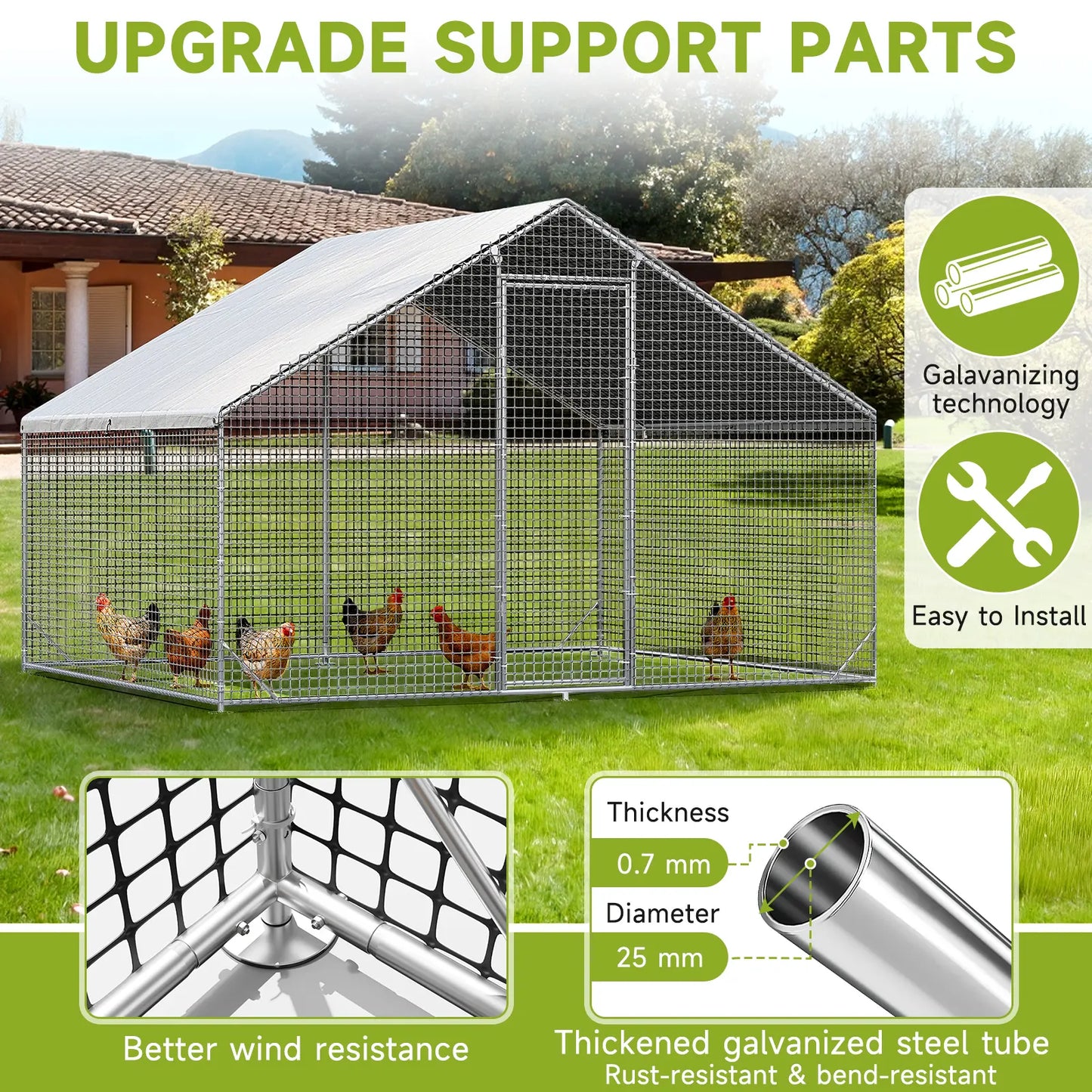 Petony Large Metal Chicken Coop - Galvanized Heavy-Duty Outdoor Poultry Cage with Anti-Uv Cover, Security Lock, Backyard Farm Enclosure for Hens (No Battery Required)