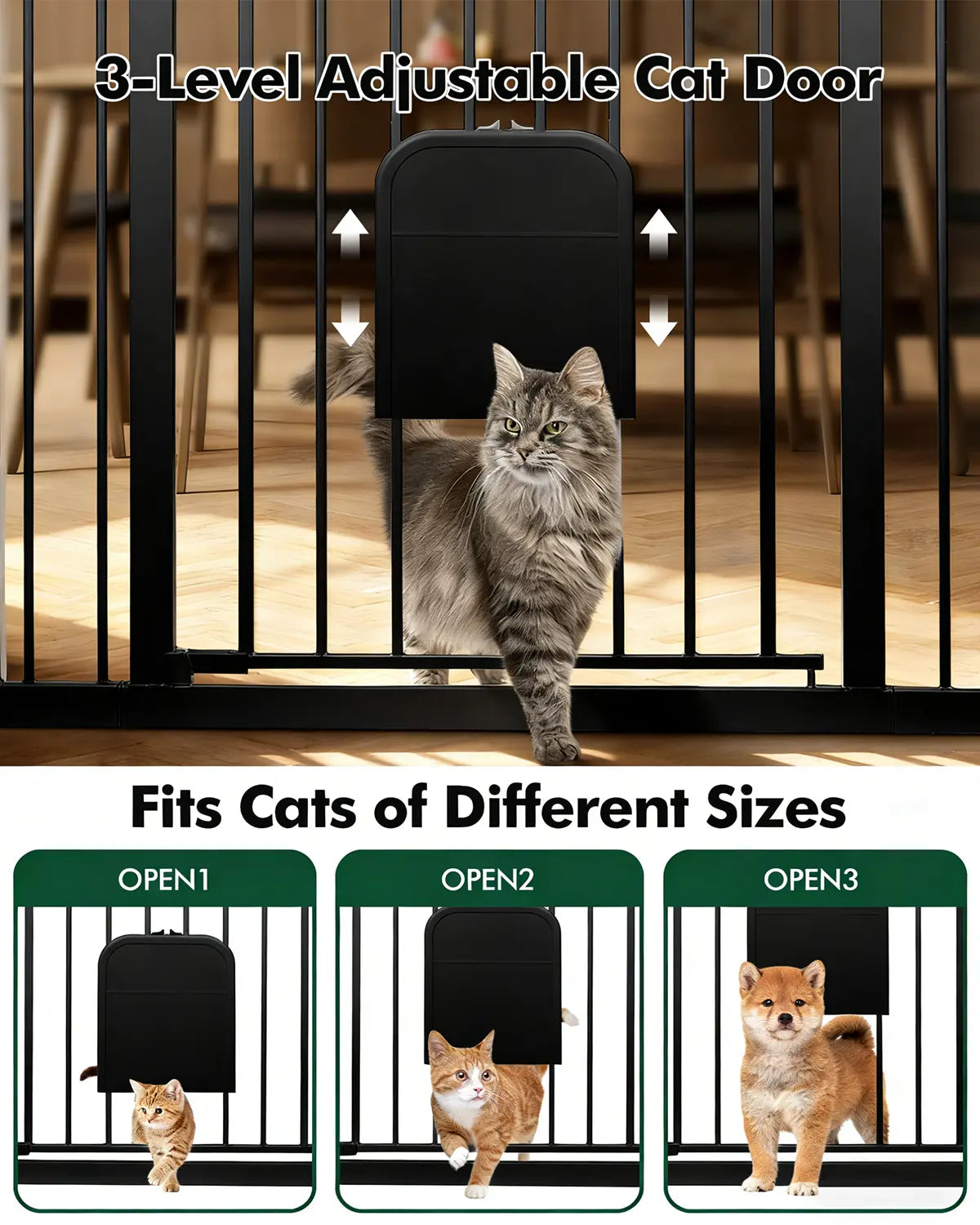 Adjustable Pet Gate with Cat Door, Auto-Close Pressure-Mounted Safety Gate for Doorways & Stairs – Ideal for Multi-Pet Homes (29–45 Inches, White/Black)