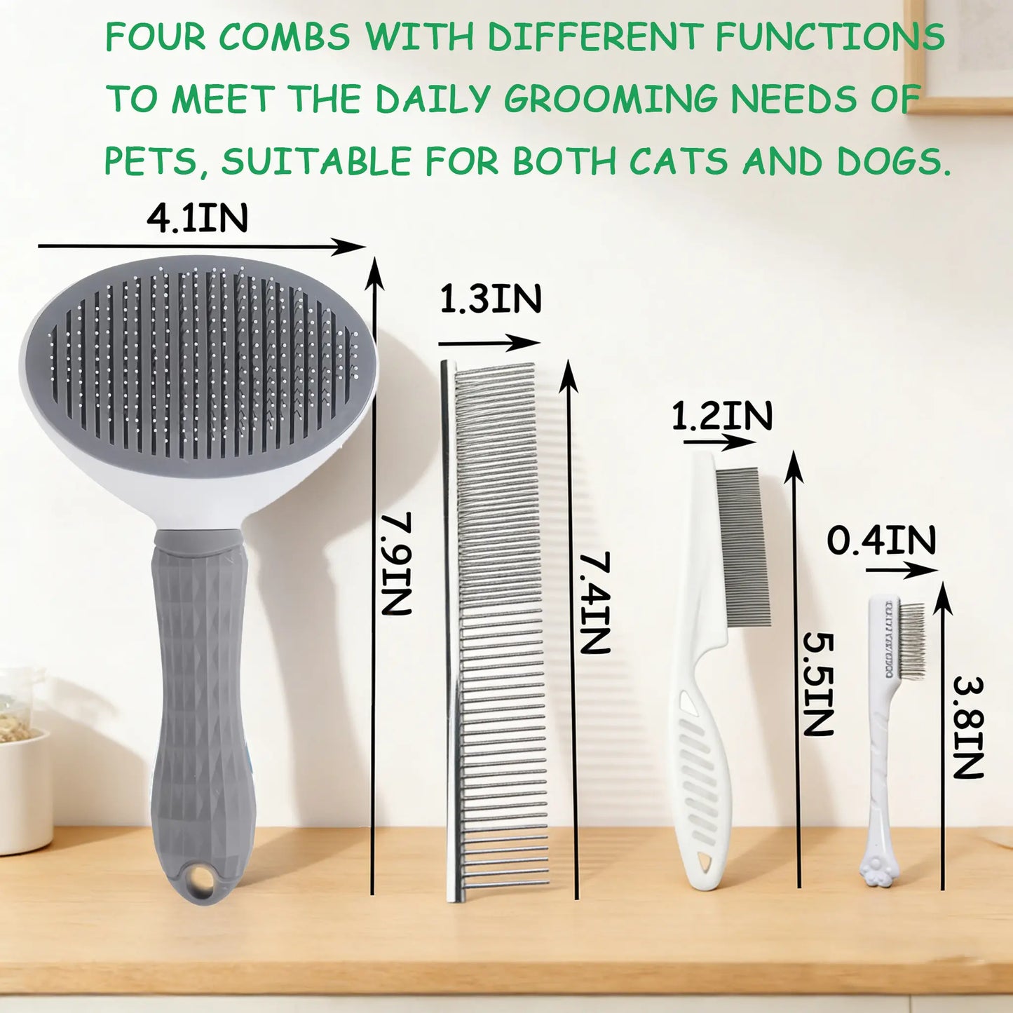 Pet Grooming Kit - 4-Piece Shedding Tools Set with Self-Cleaning Slicker Brush, Dual-Sided Stainless Steel Dematting Comb, Tear Stain Comb, and Fur Removal Tool for Dogs and Cats of All Coat Types