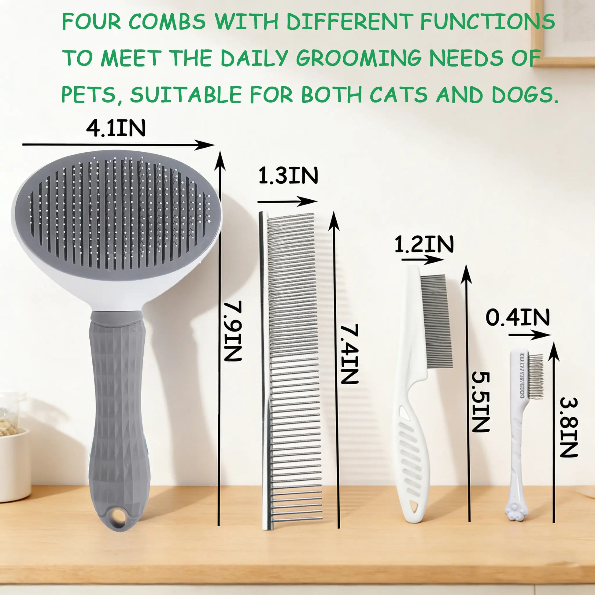 Pet Grooming Kit - 4-Piece Shedding Tools Set with Self-Cleaning Slicker Brush, Dual-Sided Stainless Steel Dematting Comb, Tear Stain Comb, and Fur Removal Tool for Dogs and Cats of All Coat Types