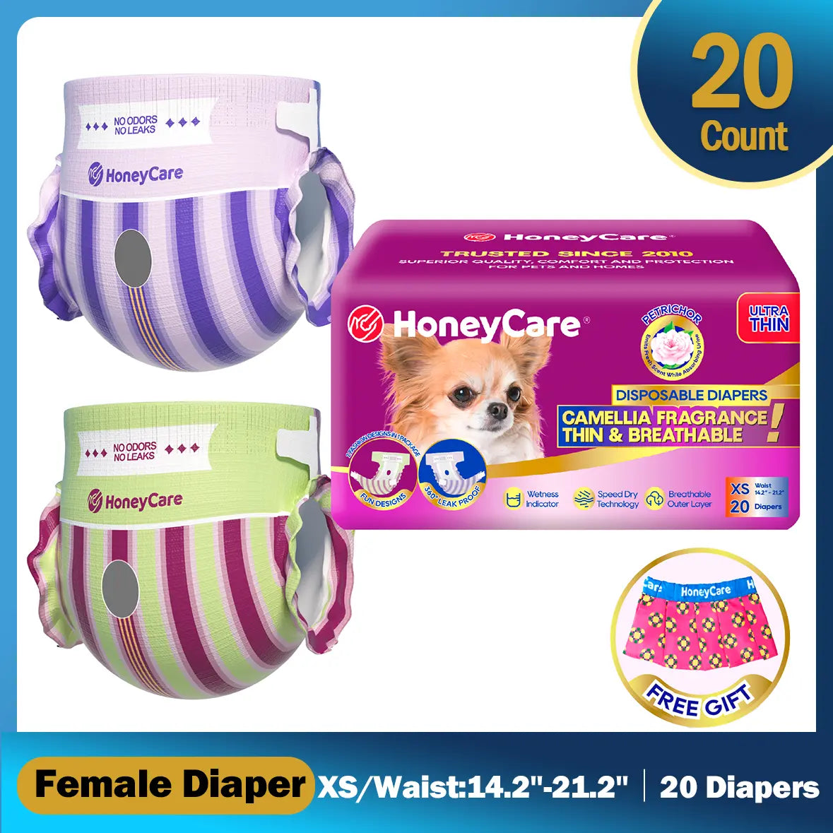 [D][Buy 2 Get 1 Free!(Total 3Packs)] Honeycare Petrichor Absorbent Liner Nappies for Female Dogs, Camellia Fragrance, Fresh Scent While Absorbing Urine, Thin & Breathable, 2 Fashion Designs per Package, 4-In-1
