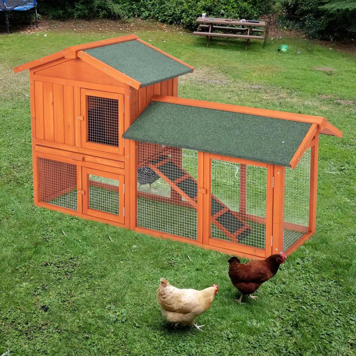 Wooden Rabbit Hutch Outdoor Chicken Coop Indoor Bunny Cage with Run, Guinea Pig House Pet House with Pull Out Upper Tray, Orange