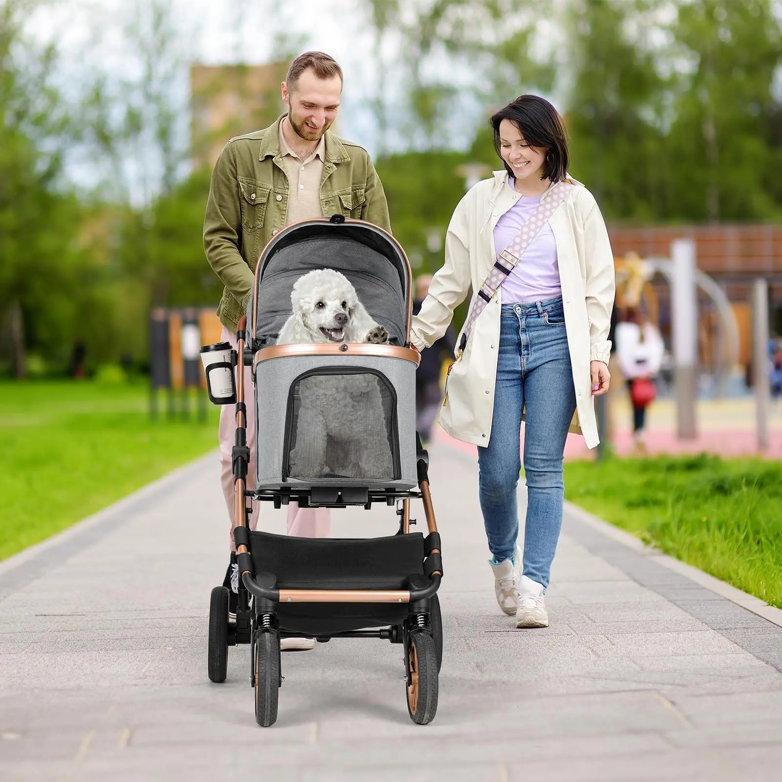 LIFERUN Pet Stroller for Medium Dogs Cats up to 55 Lbs, All-Terrain 3-In-1 Dog Stroller with Detachable Carrier, Rubber Wheels, One-Click Folding, Storage Basket & Cup Holder, for Senior Dogs & Cats
