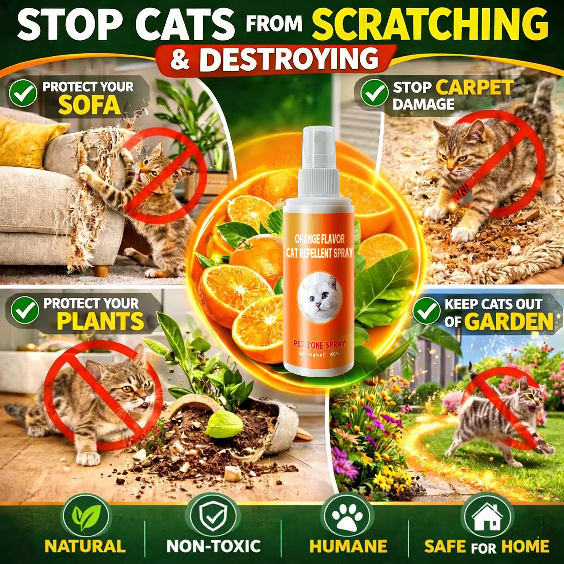 Cat Deterrent Spray for Indoor and Outdoor, Cat Scratch Deterrent for Furniture Protection, anti Marking Deterrent for Sofas and Carpet, Natural Ingredients (100 Ml*2)