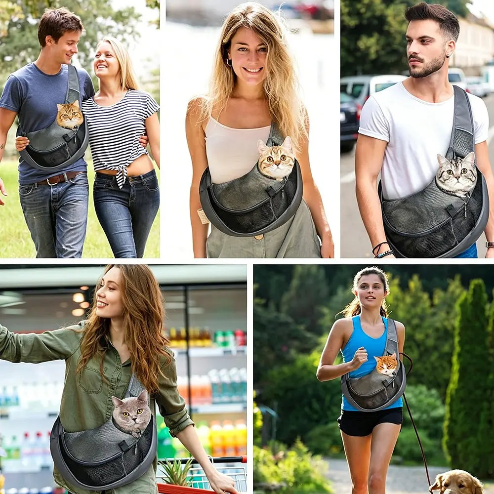 Pet Sling Carrier for Small Dogs & Cats – Hands-Free Puppy Carrier with Safety Hook, Large Zipper Pocket, Soft Breathable Mesh, Adjustable Strap，Crossbody Satchel Dog Pocket for Outdoor